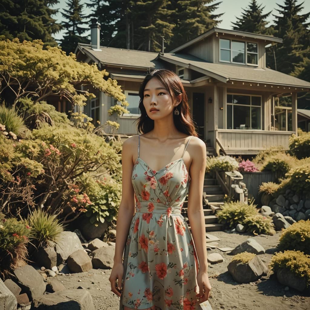 Korean Woman at Beach House: Cinematic Film Still