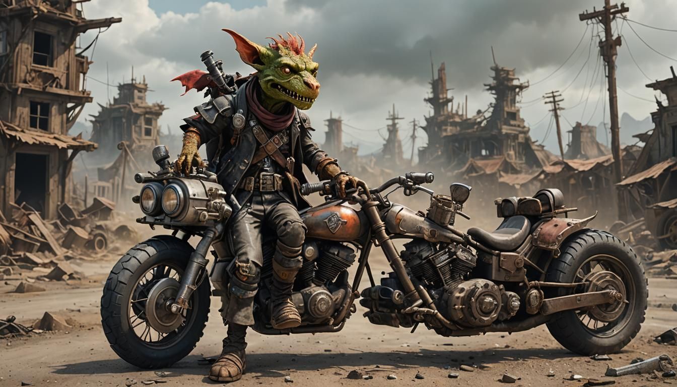 Kobold Biker in Post-Apocalyptic Landscape