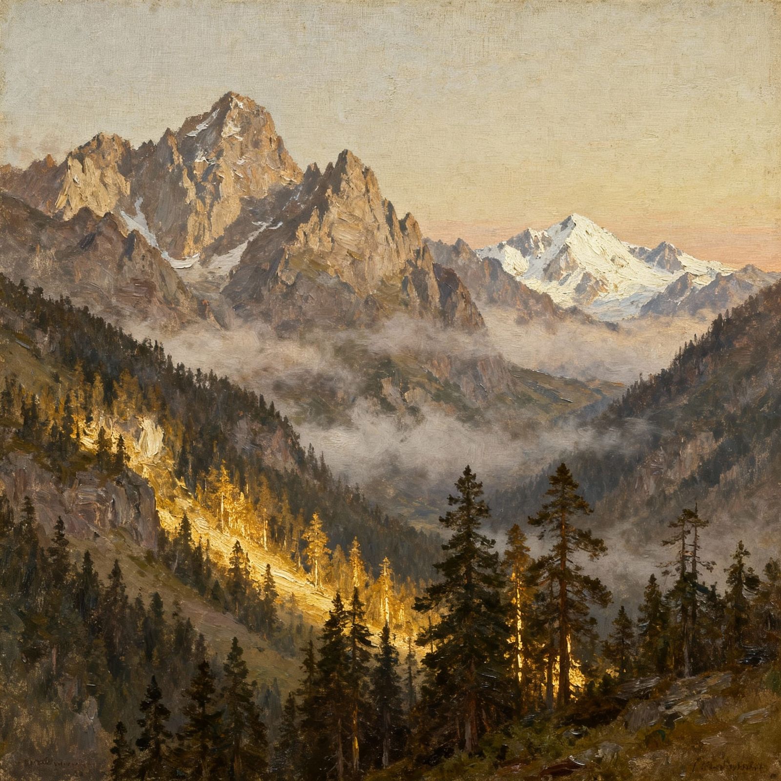 Majestic Mountain Dawn Landscape in Early 20th Century Style
