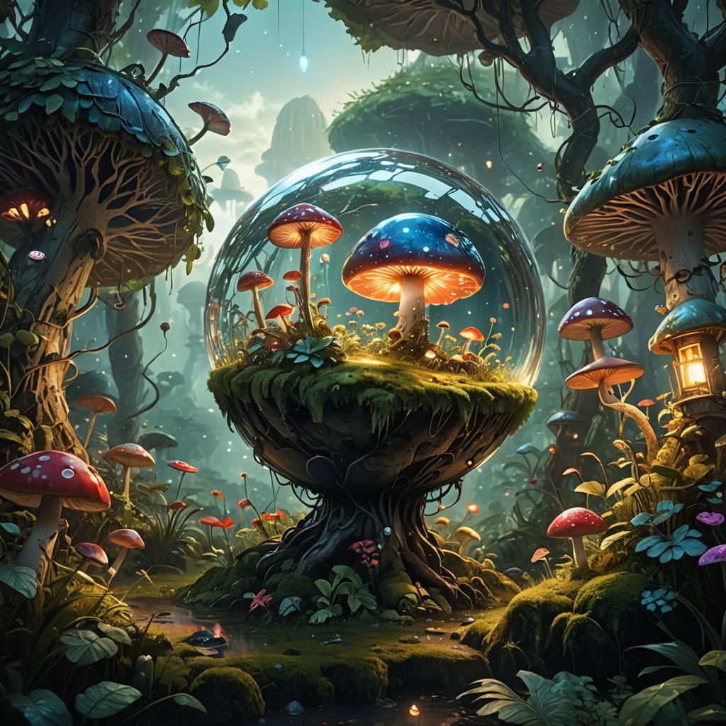 Mushroom Wonderland Inside Floating Glass Orb