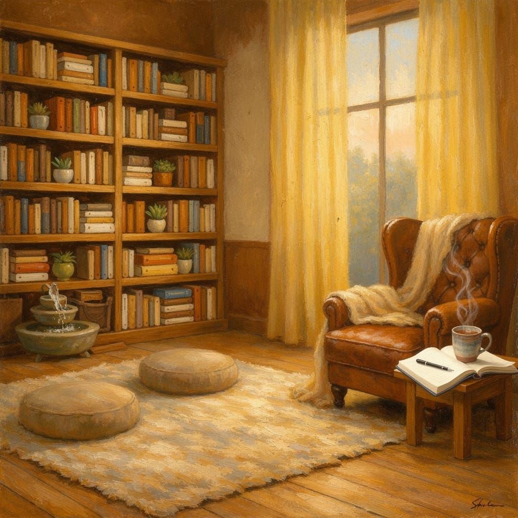 Tranquil Reflection Room Interior in Soft Oil Painting Style