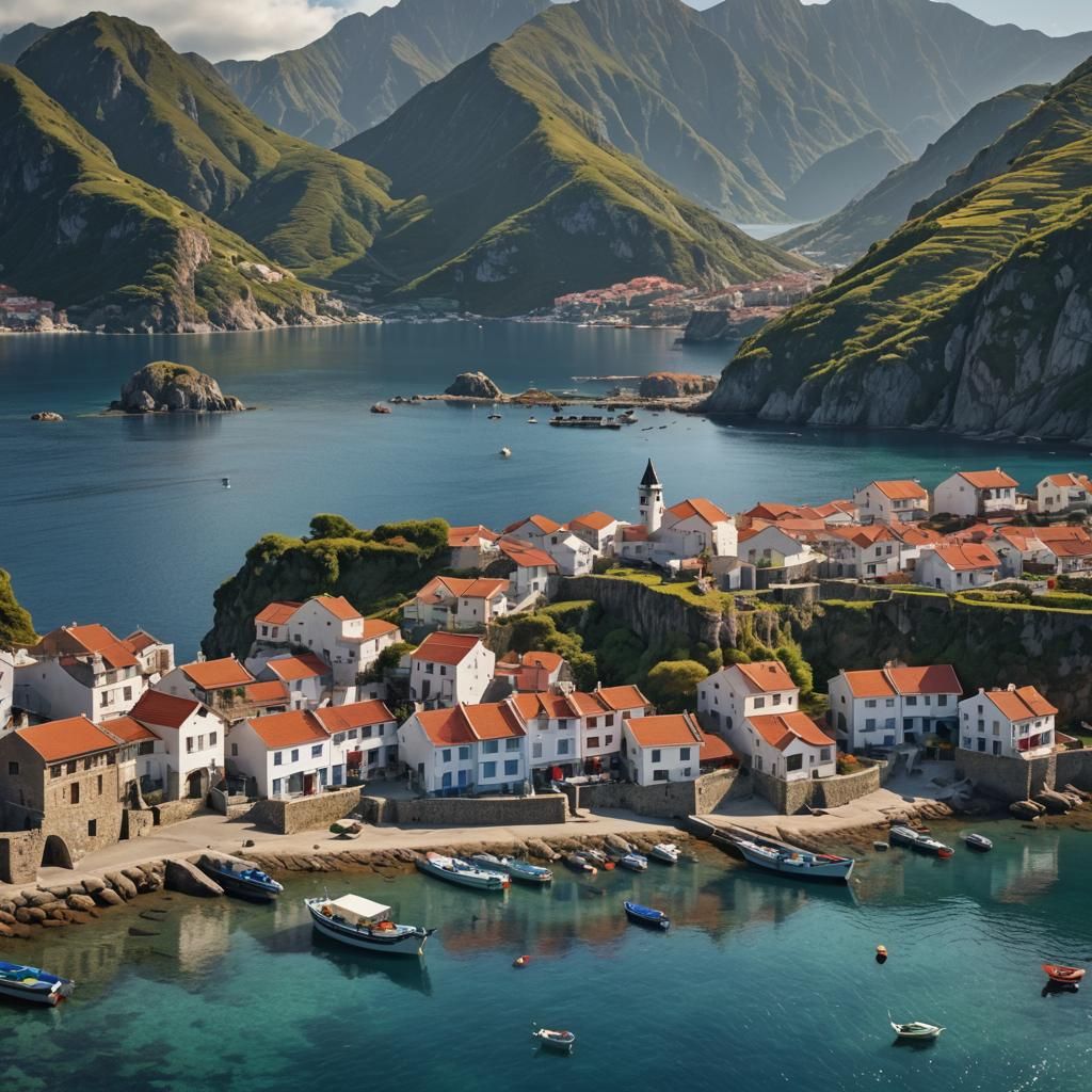 Picturesque Coastal Village with Jagged Mountains