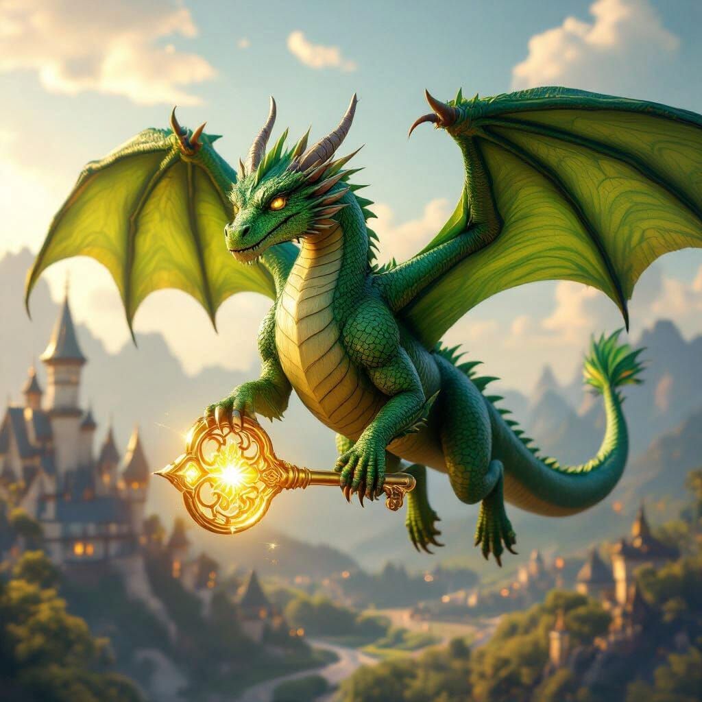 Green Dragon Flies Over Enchanted Land Holding Glowing Key