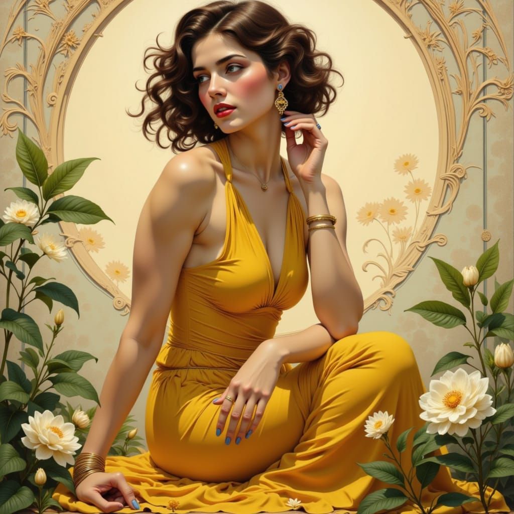 Art Nouveau Woman in Yellow Dress with Flowers