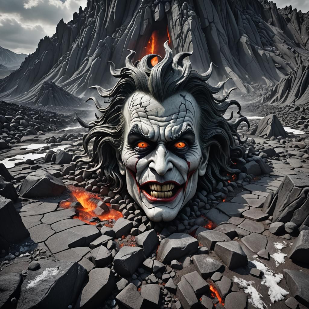 Surreal Volcano Carving of the Joker in Landscape