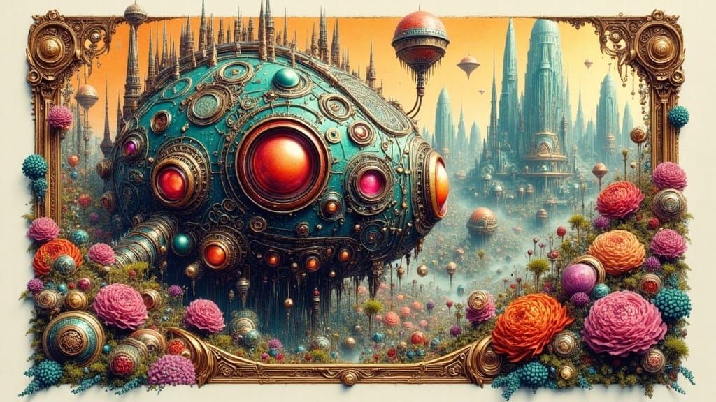 Whimsical Nanobot in Sci-Fi Rococo Ink-Wash Style