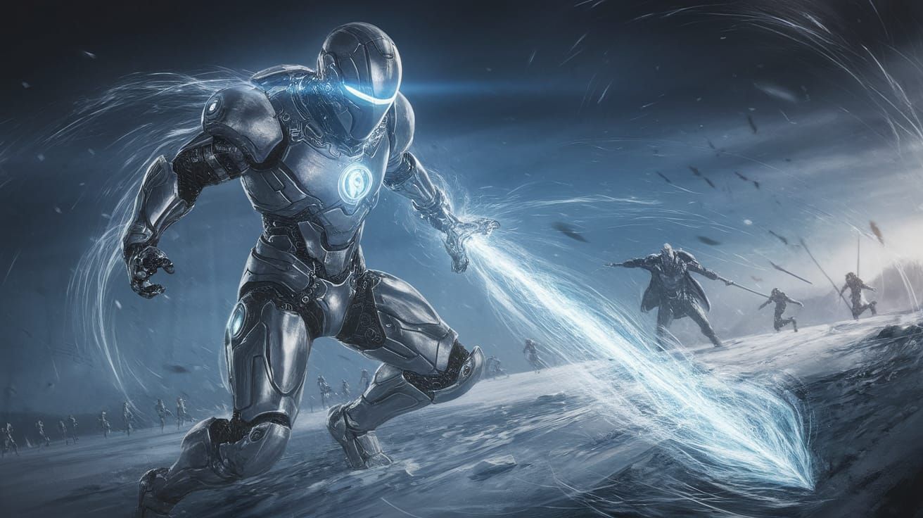 Cybernetic Knight Unleashes Frosty Gale in Winter Battle
