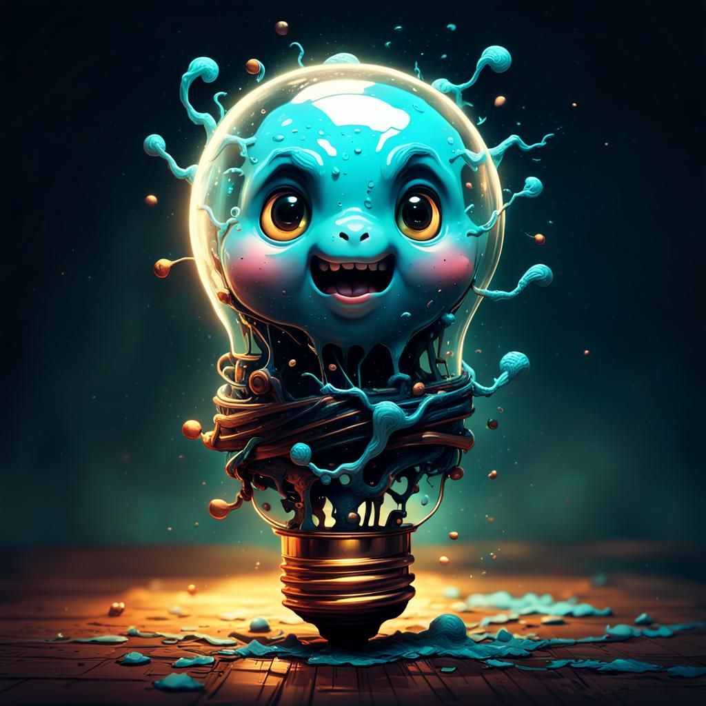 stunning image of a cute adorable lightbulb running, sweating, moody, grainy, noisy concept art, by Alberto Seveso, Cyri...