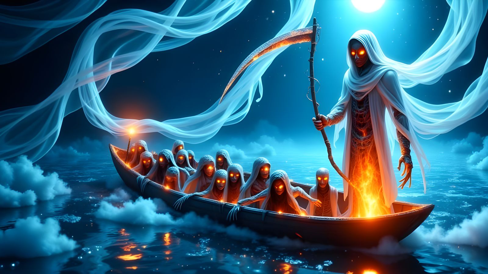 Spectral Ferryman Guides Souls Across Frosty Lake