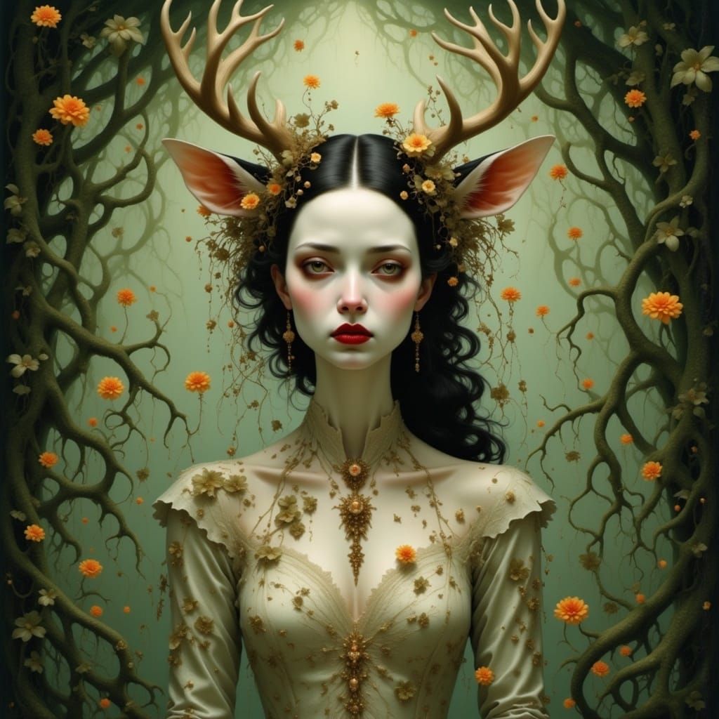 Woman with Deer Antlers in Ethereal Forest Illustration