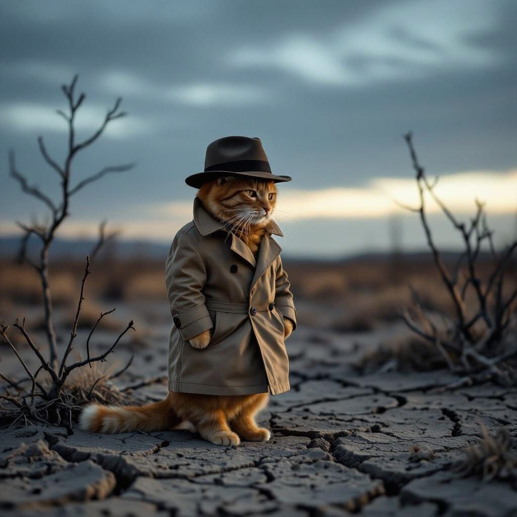 Solitary Cat Detective in Noir Style on Barren Plain