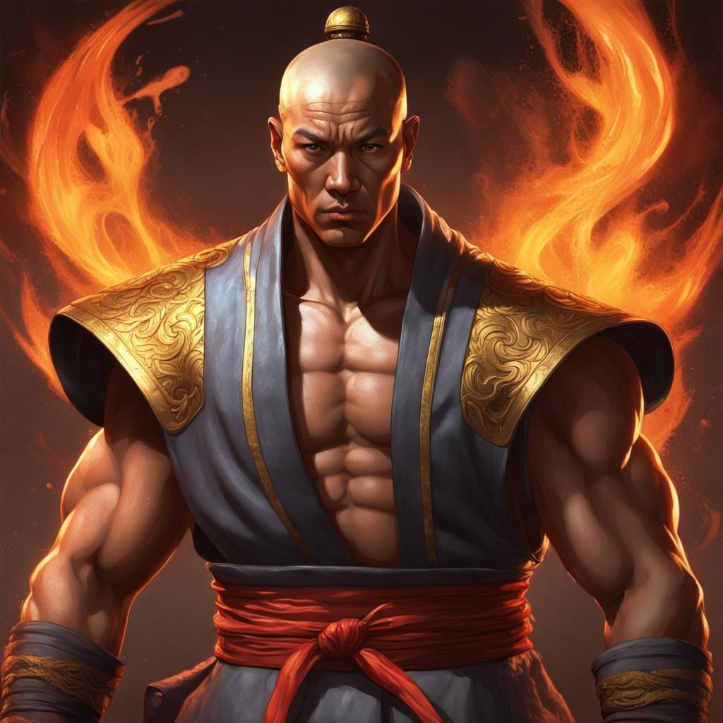 Shaolin Monk Fire Portrait by Rutkowski, Artgerm, and Mucha