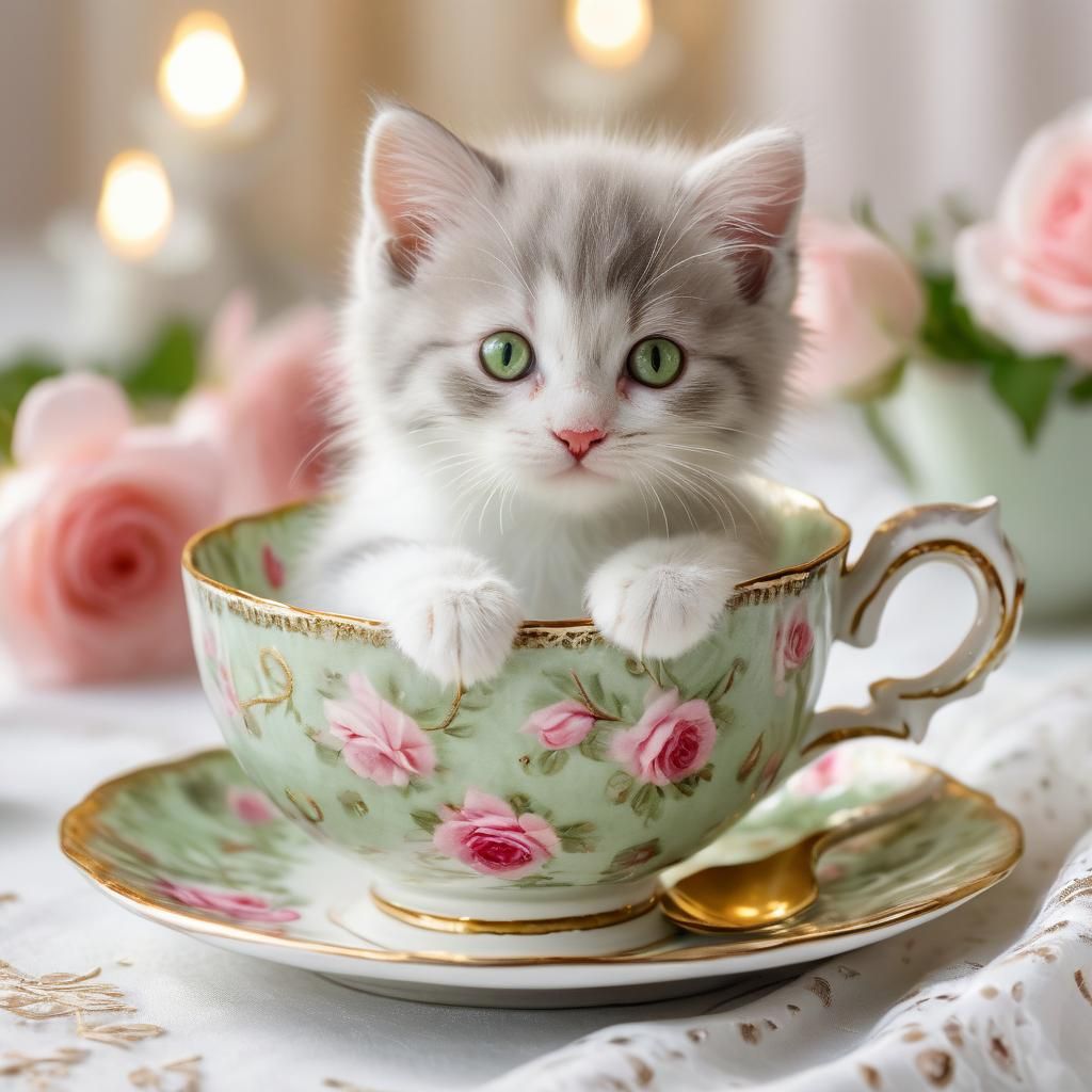 Kitten Peeks from Teacup: Cozy Vintage Digital Art