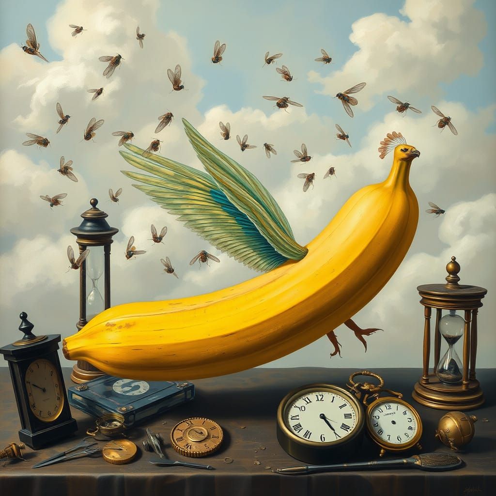 Surrealist Banana with Iridescent Wings Amidst Clockwork and...