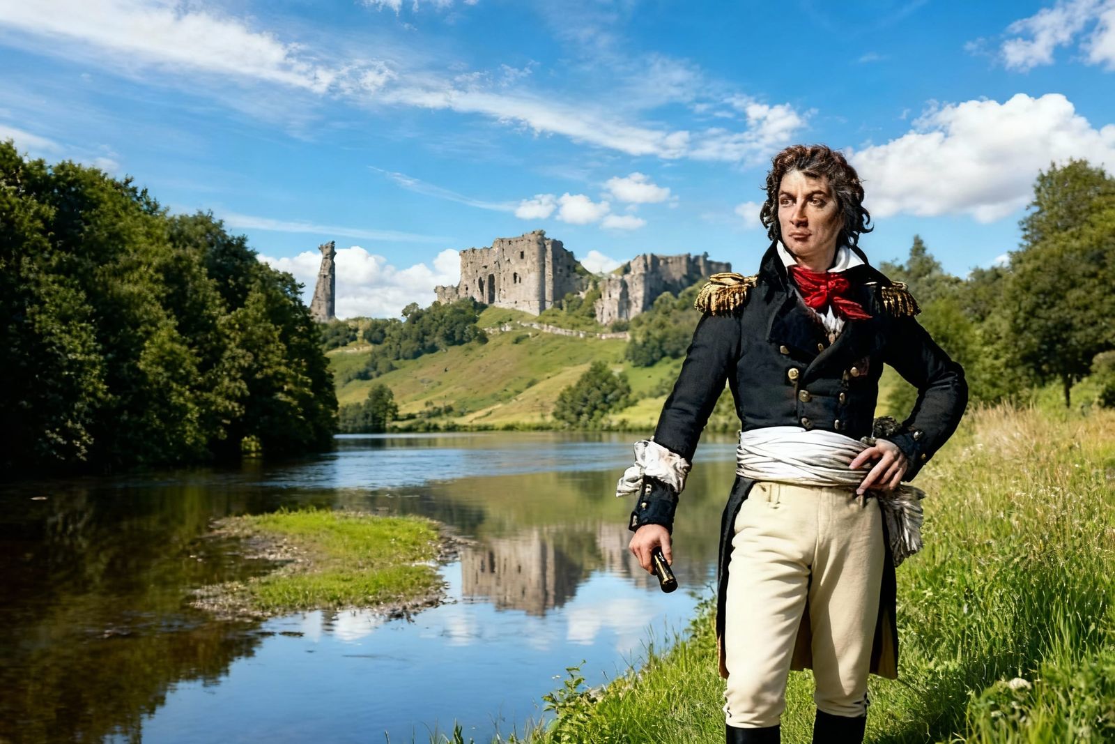 Man Standing on Riverbank in Countryside