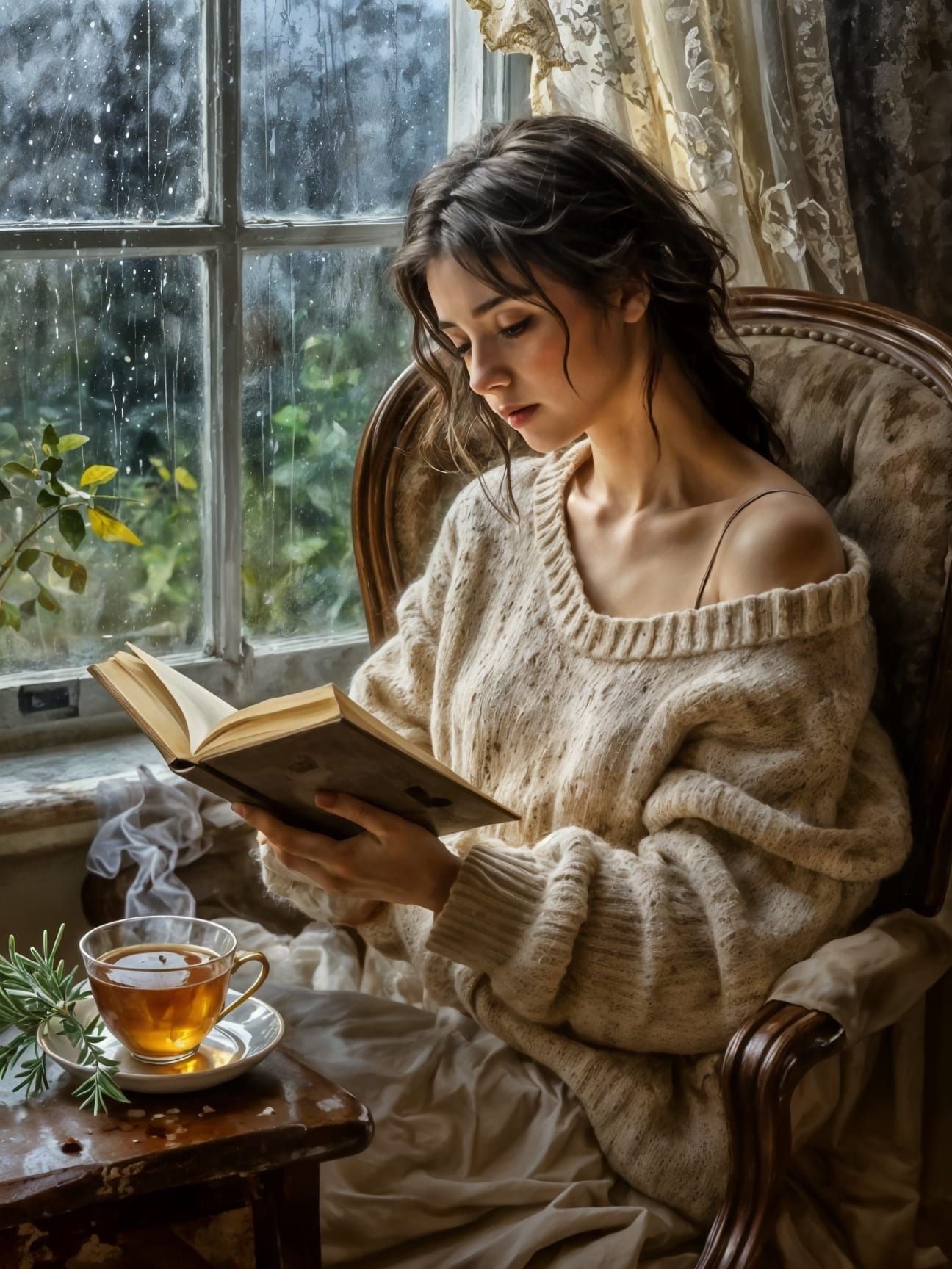 Woman Reading by Rainy Window in Painterly Digital Style