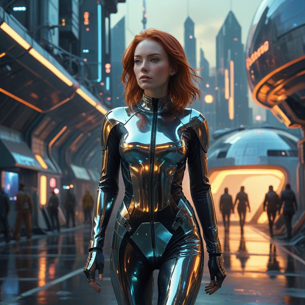 Woman in Catsuit Strides Through Futuristic Spaceport