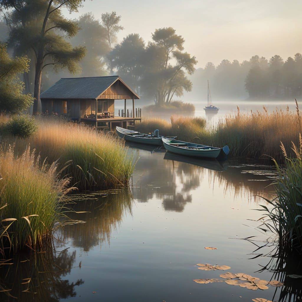 Misty Morning Lake Serenity with Boats and Cabin