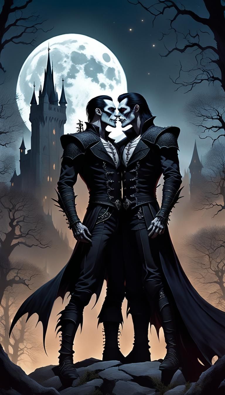Vampire Kiss Under Crescent Moon: Dark Fantasy Art