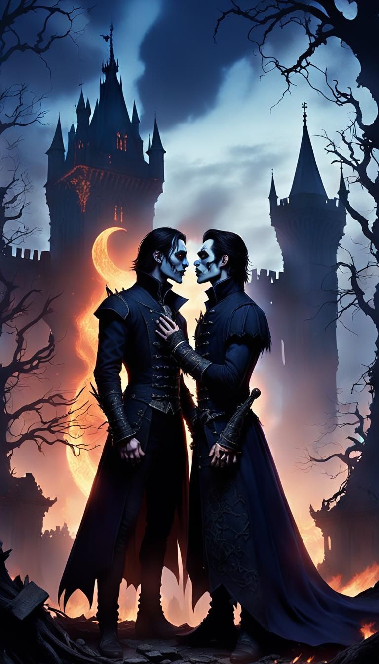 Passionate Vampire Kiss Under Crescent Moon in Dark Fantasy ...