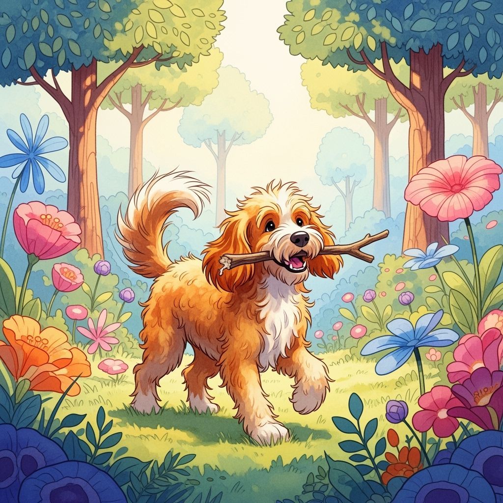 Goldendoodle Plays Fetch in Lush Watercolor Yard