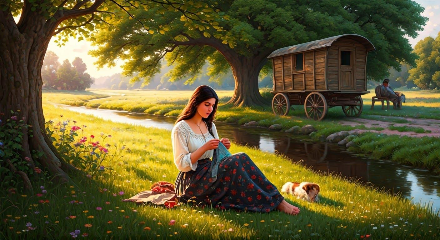 Serene Gypsy Woman in Lush Rural Setting