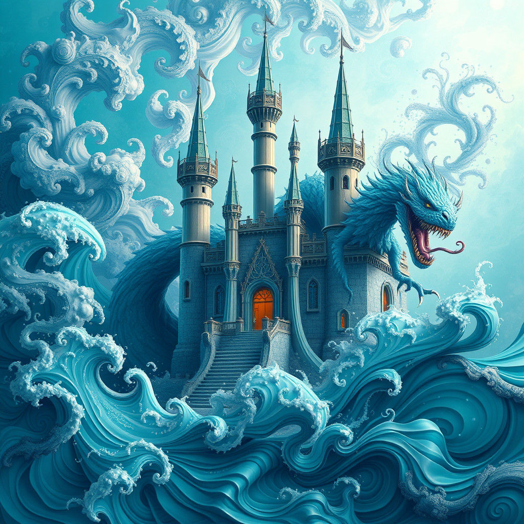 Ethereal Castle with Emerging Monster in Fractal Style