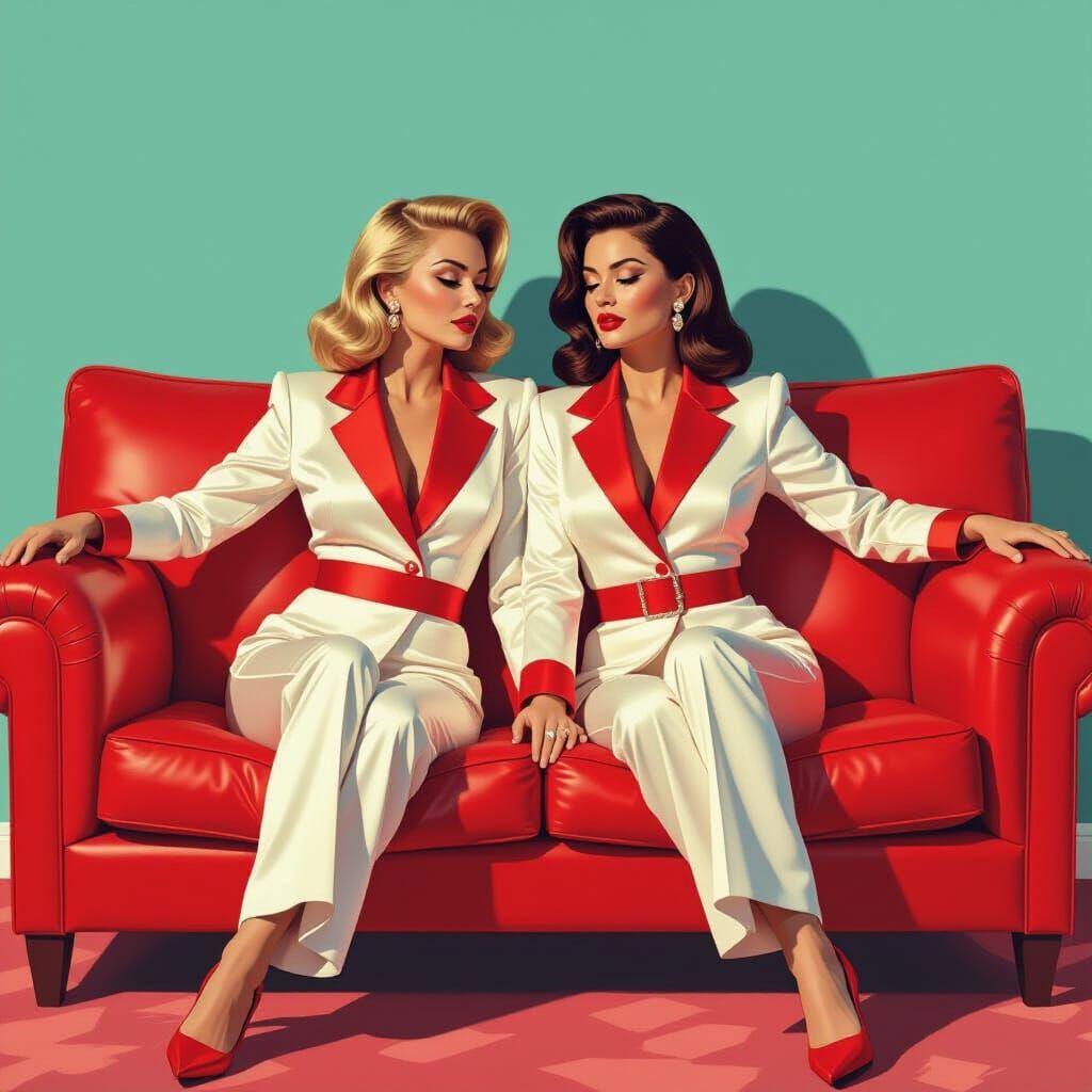 Couple in Satin Outfits on Red Couch, 80s Cartoon Style