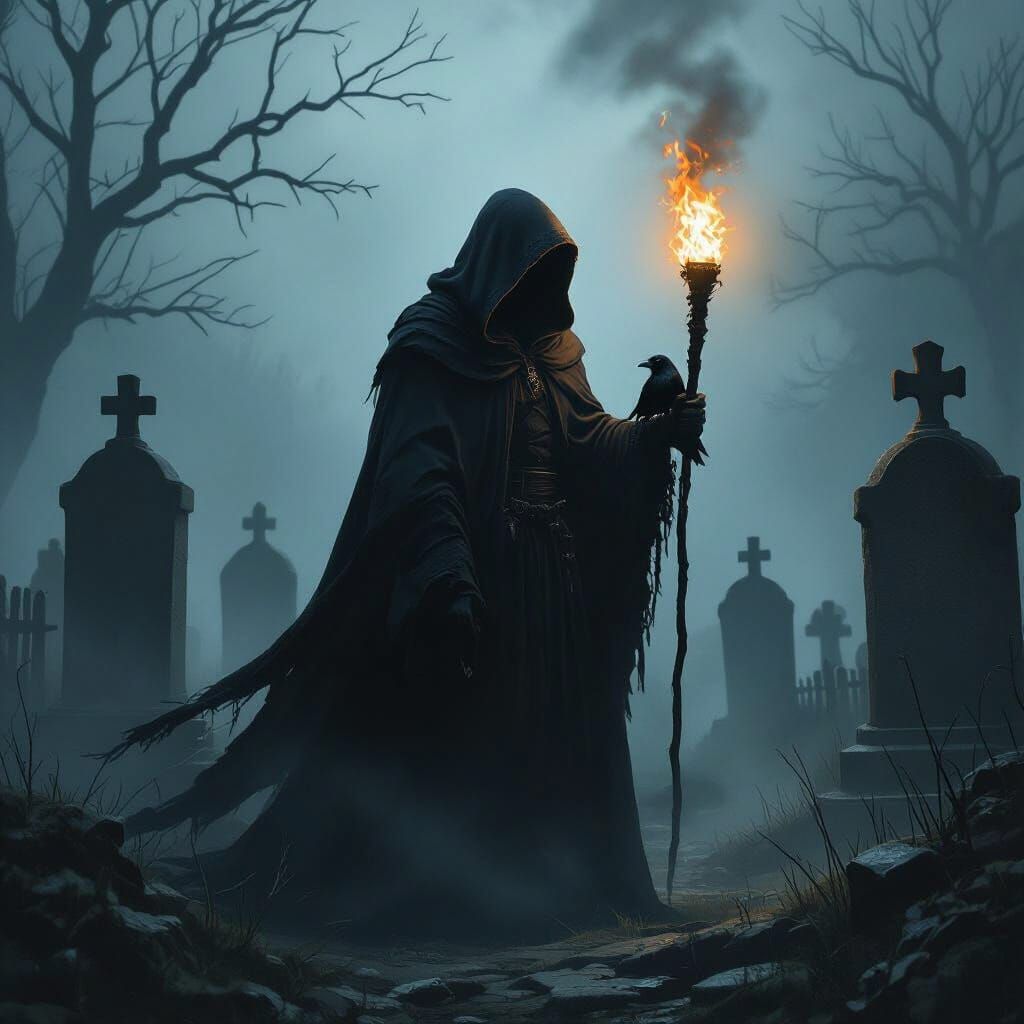 Hooded Figure with Torch in Misty Graveyard, Dark Fantasy St...