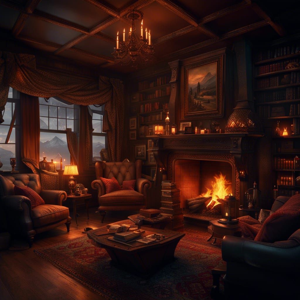 Cozy Den with Roaring Fireplace: Digital Matte Painting