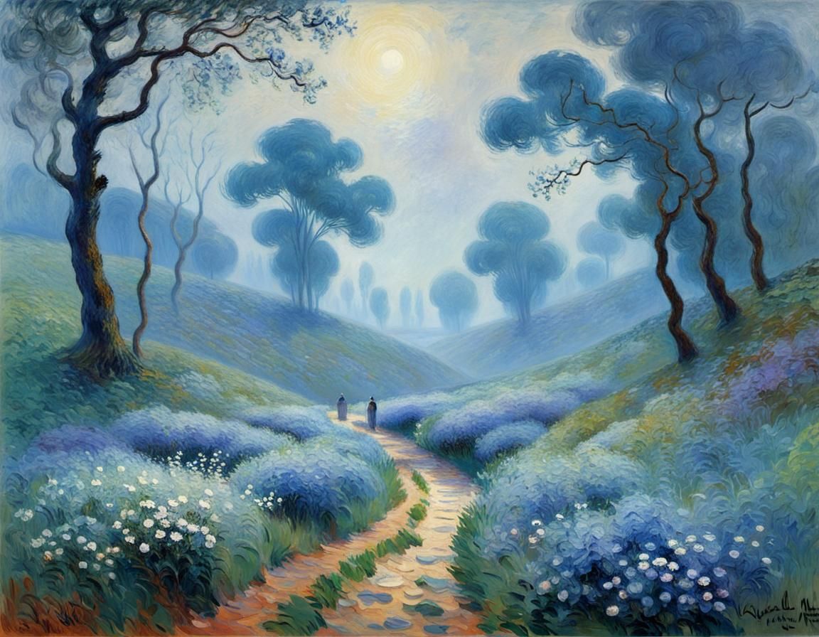 Whimsical Path Unfolds in a Misty Valley Landscape