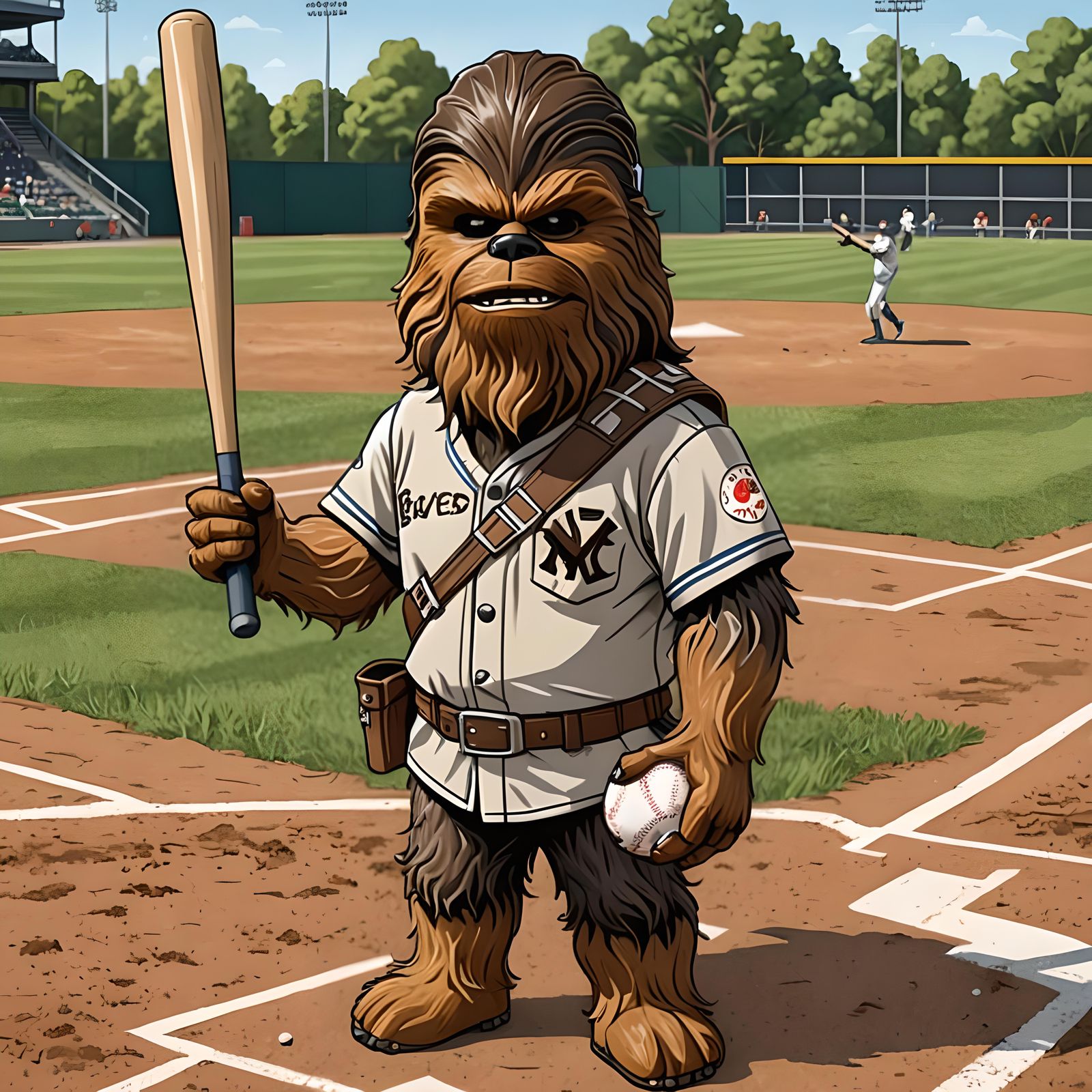 Chewbacca as Baseball Player in 2D Cartoon Style