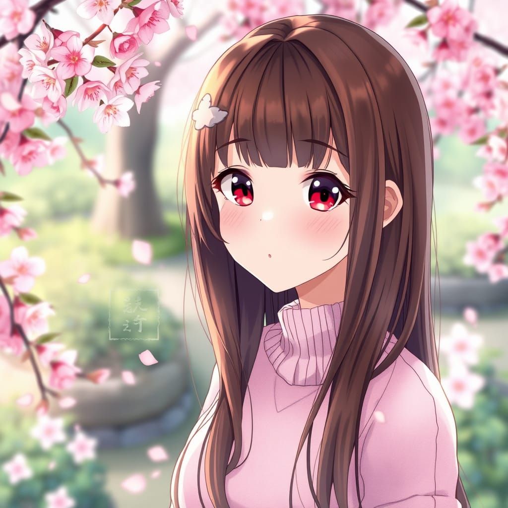 Anime Girl in a Serene Japanese Garden with Cherry Blossoms