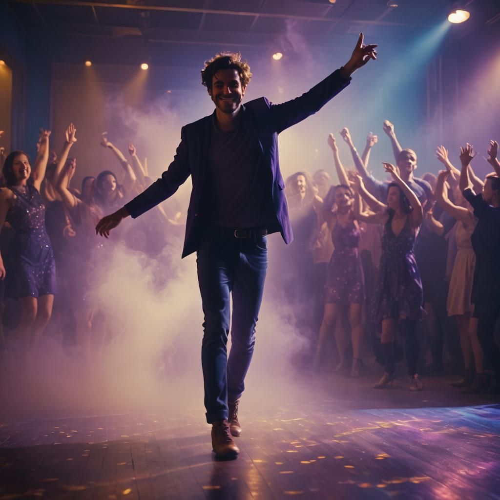 Man Dancing Freely in Club with Golden Lighting