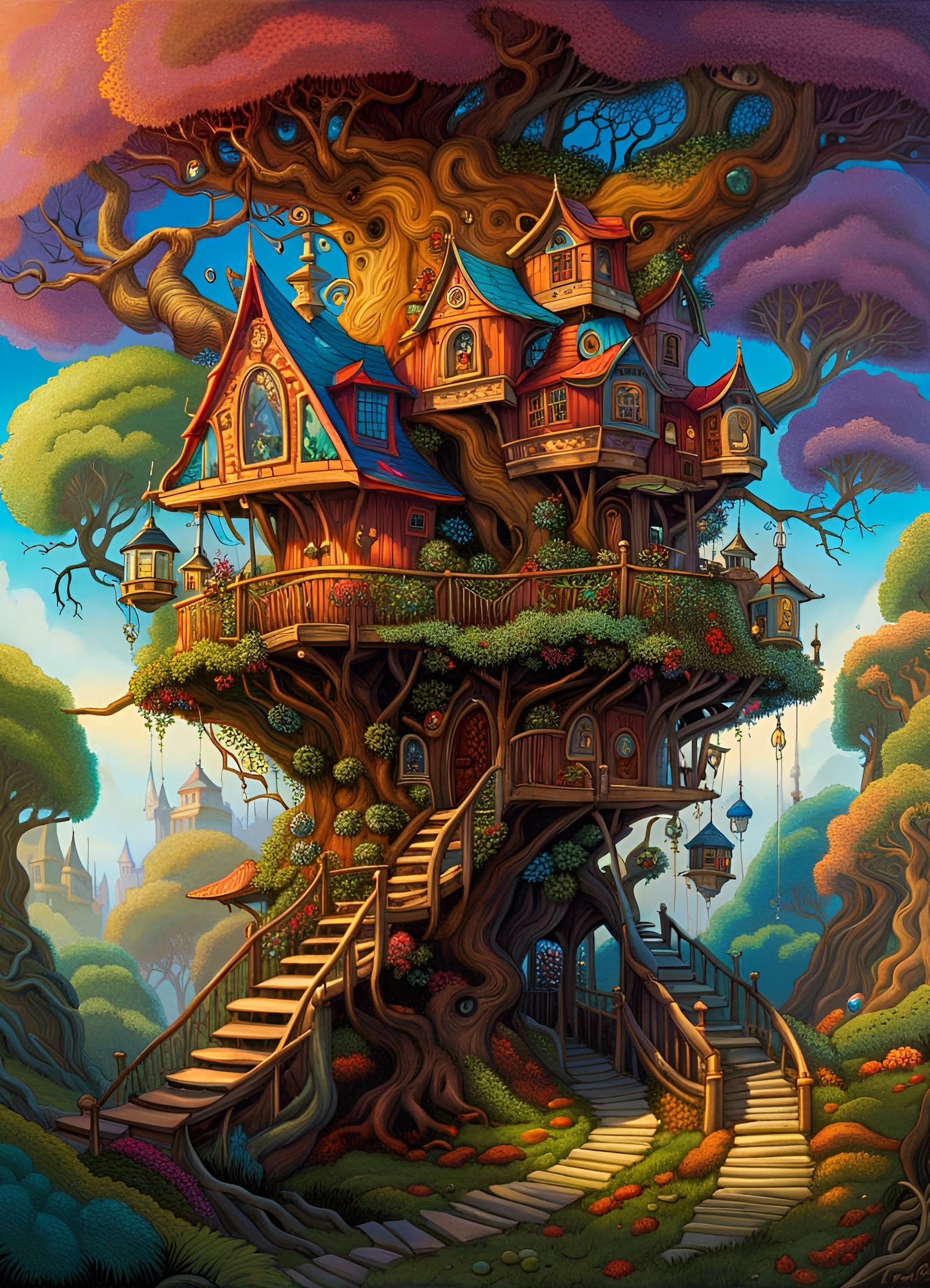 Surreal Fairytale Treehouse in Vibrant Colors