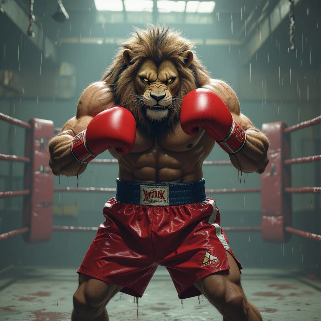 Fierce Lion-Man Boxing in Gritty Retro-Futuristic Gym