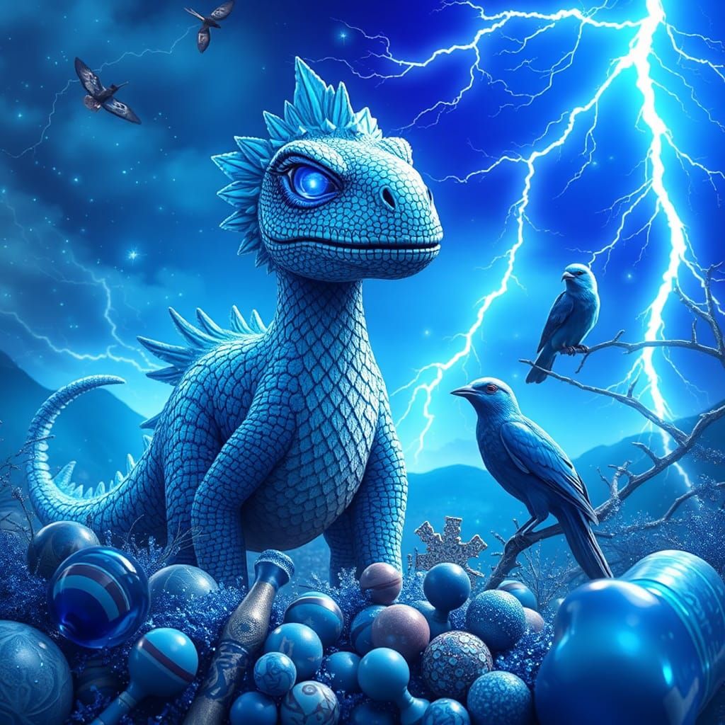 Blue Dinosaur in a Sci-Fi Blue Landscape