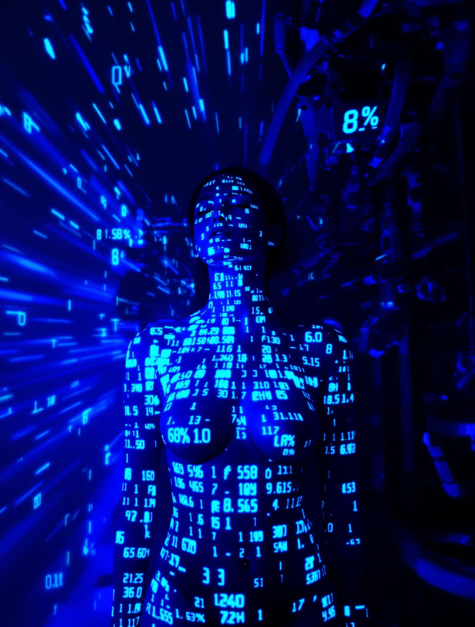 Surreal Woman with Stock Market Data in Blue Neon