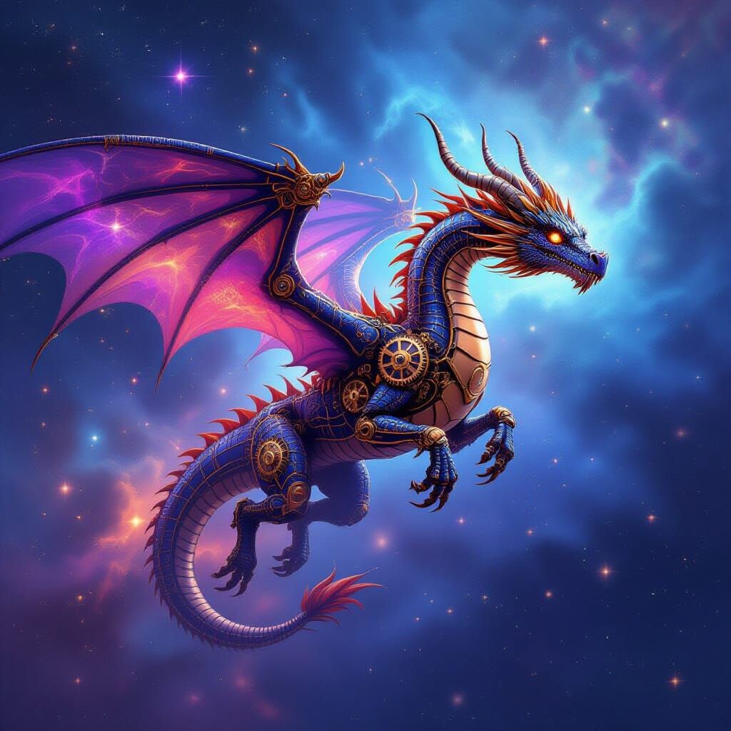 Clockwork Dragon in Cosmic Nebula, Steampunk Concept Art