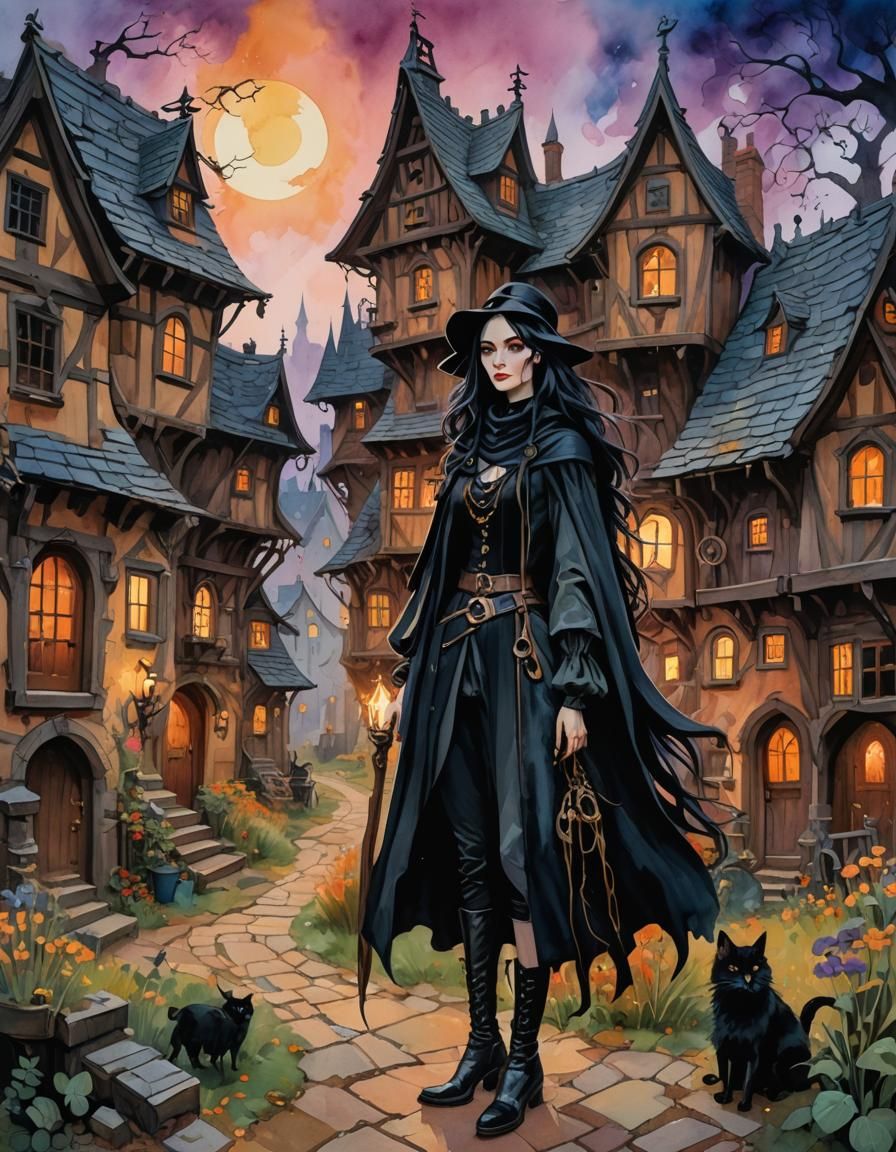 Gothic Witch in a Mystical Village: Gouache Painting