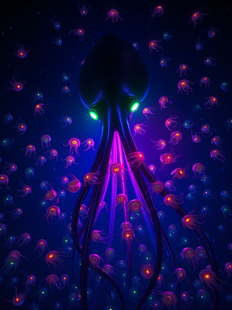Giant Squid Emerges from Cosmic Depths with Cuttlefish Swarm