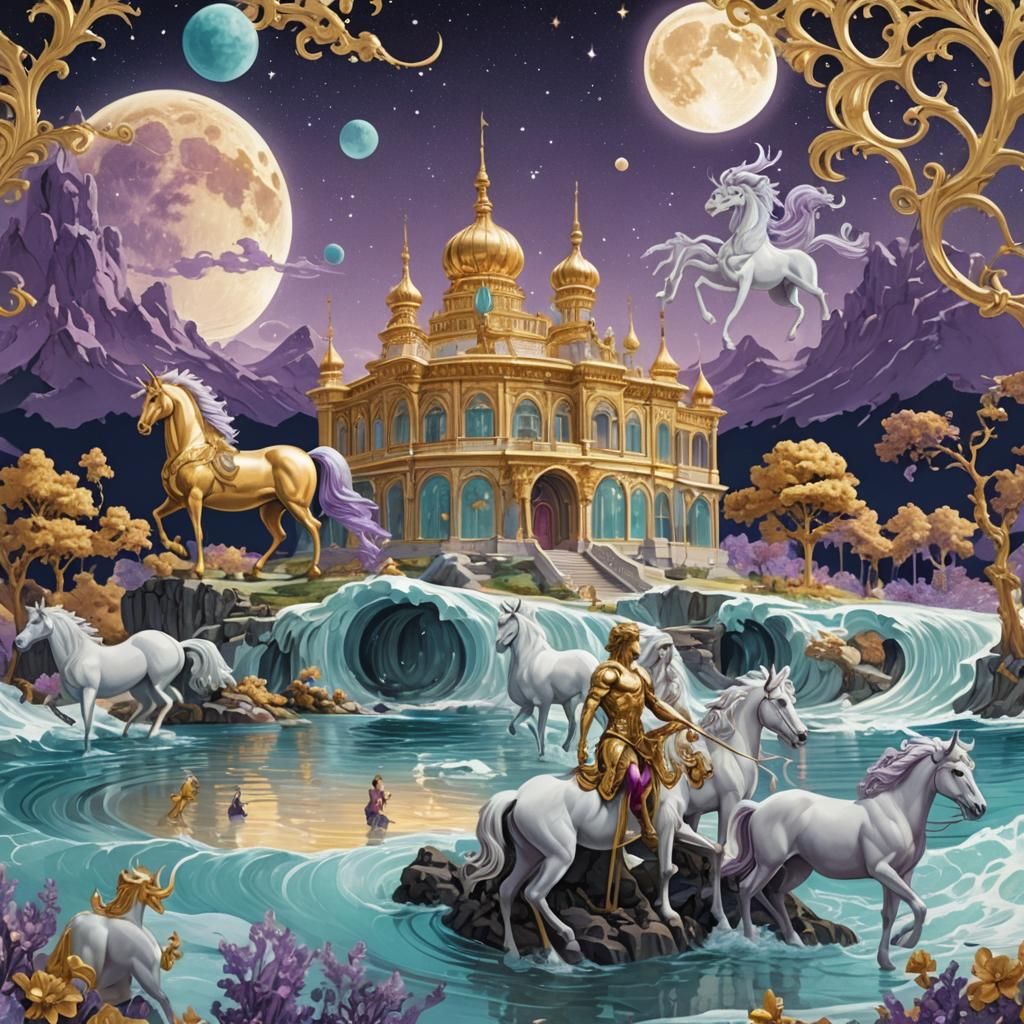 Centaurs by Golden Palace on Island with Planets