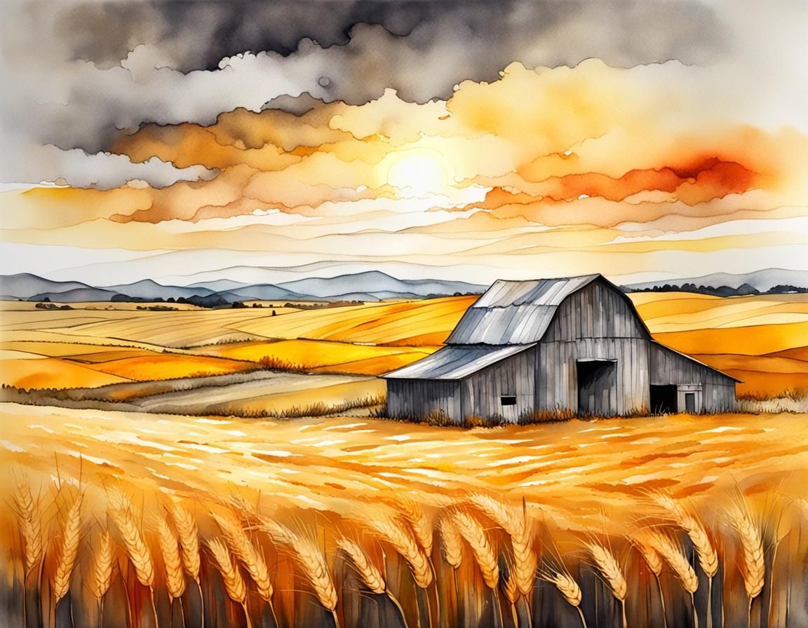 Golden Wheat Fields with Weathered Barn