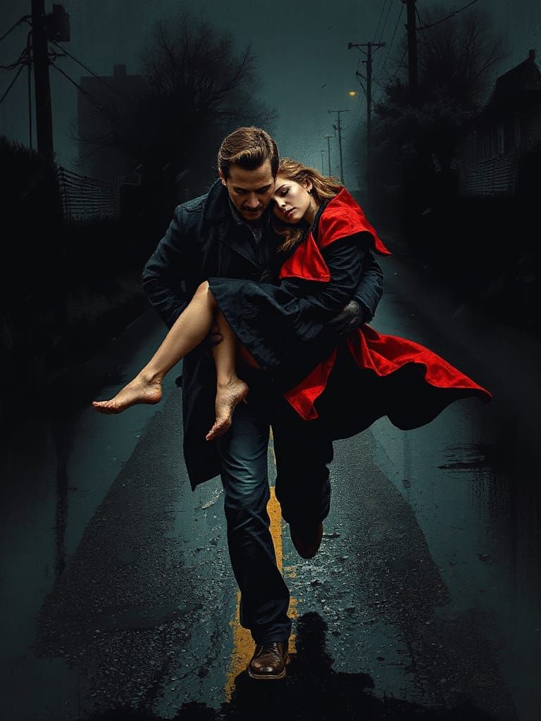 Dramatic Rescue at Night in Ink and Splash Art Style