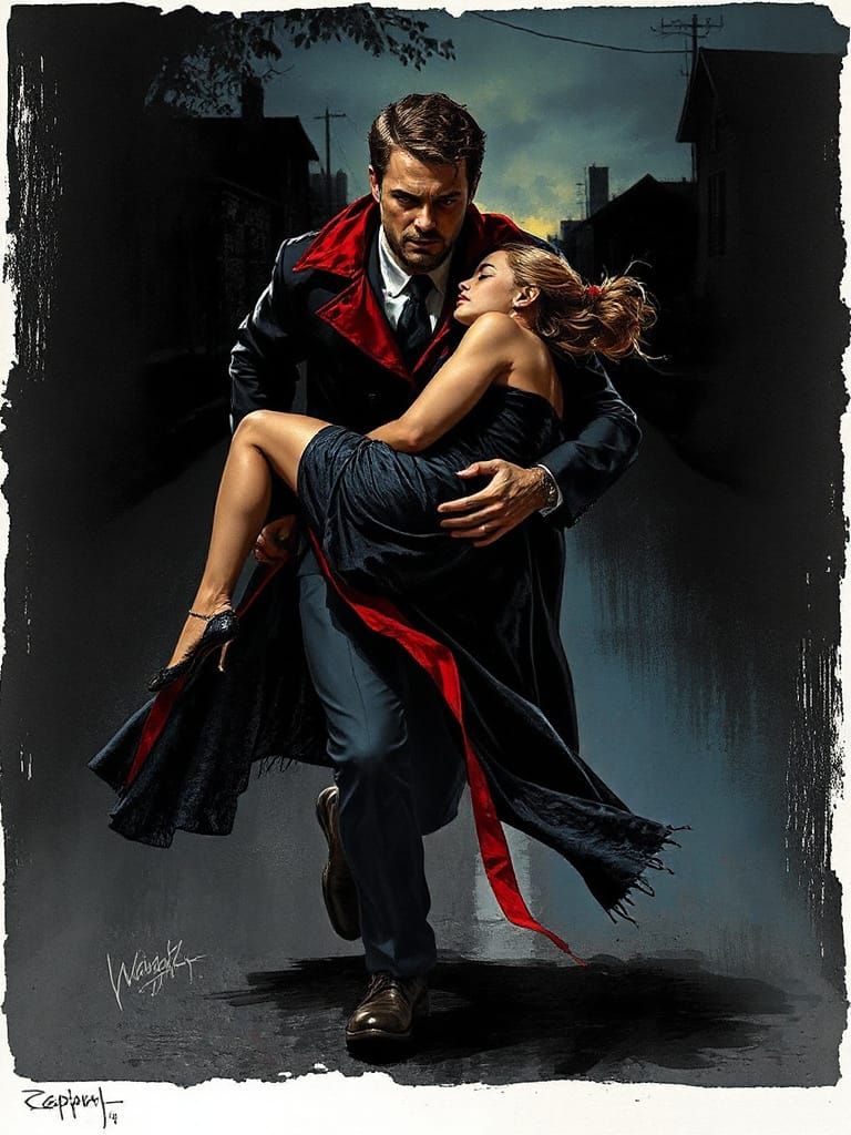 Dramatic Night Rescue in Ink Splash Art Style