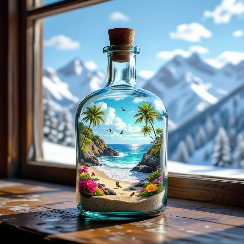 Miniature Beach Scene Inside Antique Bottle by Snowy Window