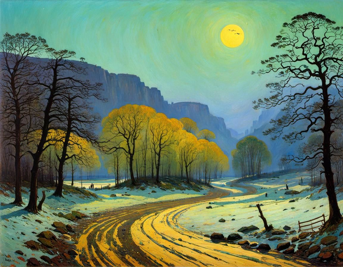 Vibrant Sunset Landscape in Impasto Oil Painting Style