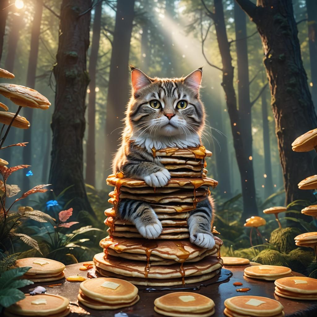 Whimsical Cat on Pancakes in Enchanted Forest