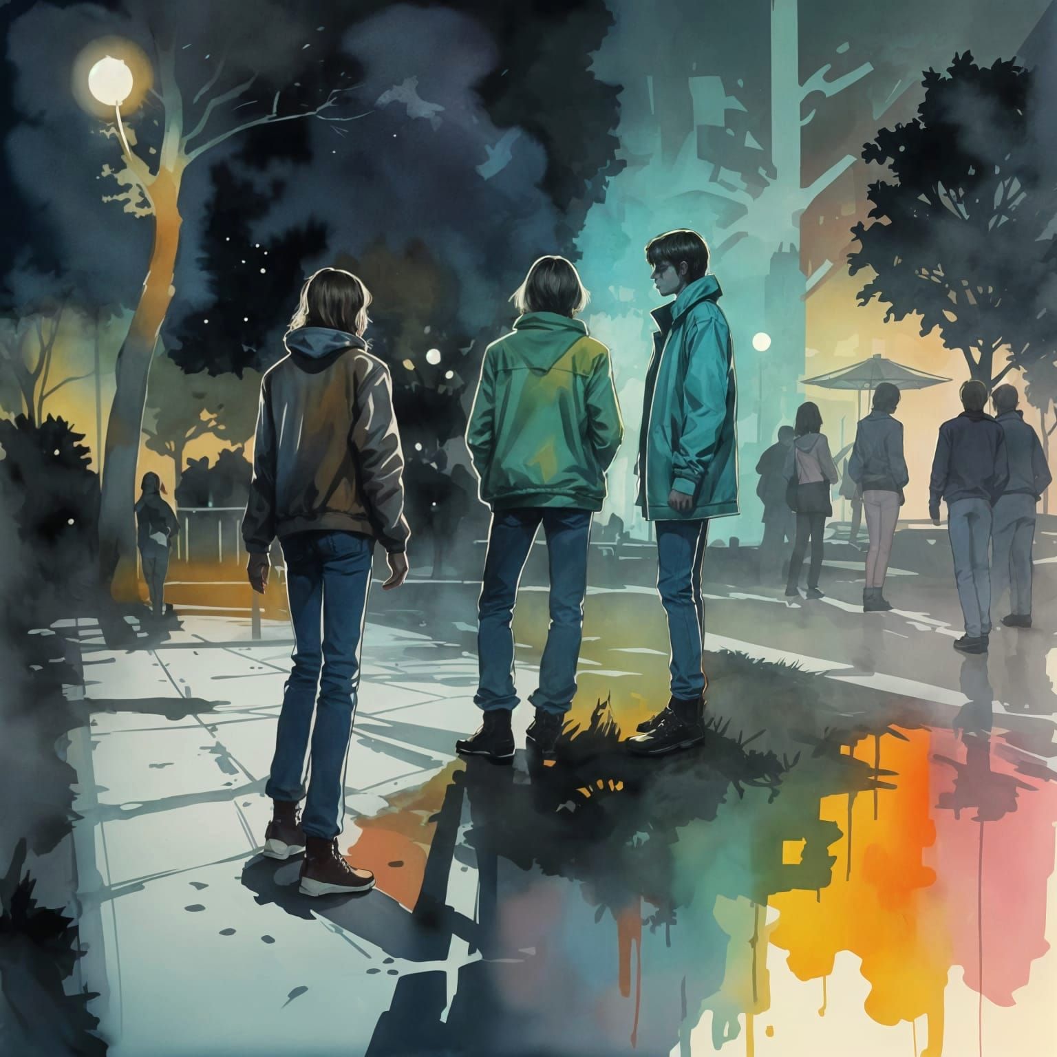 Teenagers in Park at Night in Cyberpunk Style