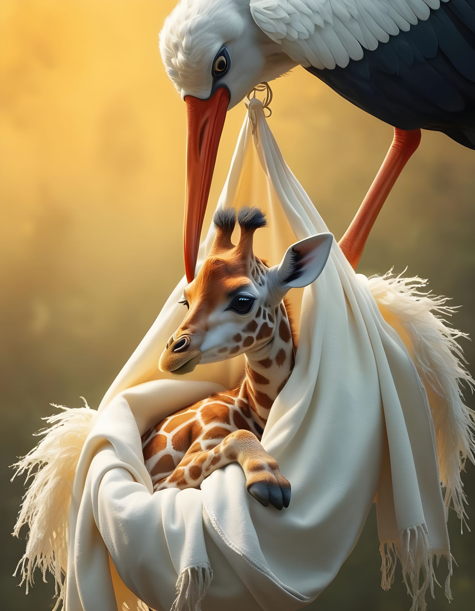 Delicate Stork Delivers a Baby Giraffe in Whimsical Style
